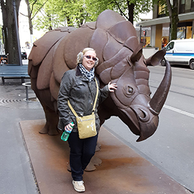 Michelle with a rhino in Zurich